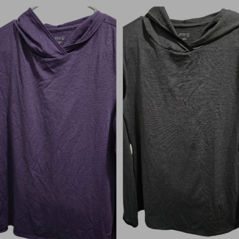 Lot of 2 Women's BCG Hooded Active Long Sleeve Tops Large Purple & Grey